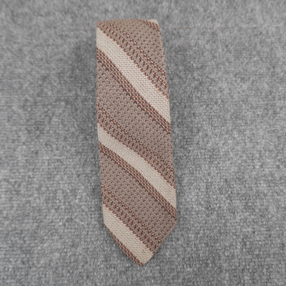 Pure New Wool Knit Tie Mens OS Brown Tan Striped Vintage Textured Skinny